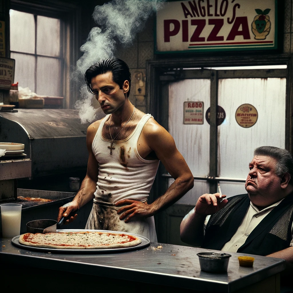 DALL·E 2024-03-12 17.04.35 - In a grimy pizza shop, a scene unfolds with a cook standing behind the counter, busily preparing a pizza. This cook is in a stained white singlet, smo